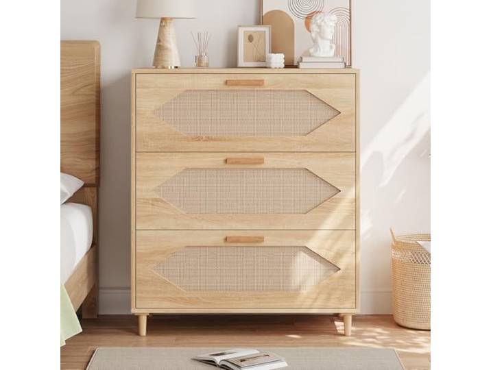 IDEALHOUSE Schmale Rattan-Kommode mit 3 Schubladen - Holz-Schubladenschrank im Boho/Rustikal-Stil - viel Stauraum - einfache Montage - Holzfarbe