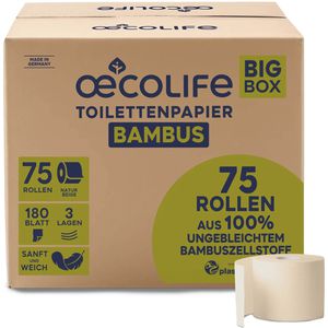 Oecolife Toilettenpapier Bambus, Big Box, 3-lagig, Tissue, 180 Blatt, 75 Rollen
