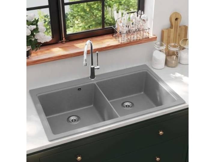 ZXQVLMRS Granitspüle Doppelbecken Grau 860x510mm Einbauspüle Küche Aus 80 Quarz & 20 Harz, Hitzebeständig bis 280 C, Inklusive Ablaufgarnitur