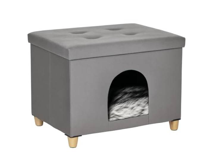 PawHut Niche Chat Maison de Chat Design surélevé avec Coussin amoviable et Lavable en Peluche Doux Repose-Pieds\, Dessus ouvrable\, Gris