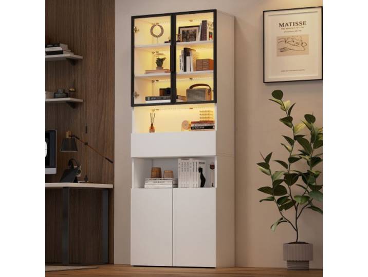 Vitrine de salon 70×30×200cm Tiroirs et placards portes vitrées LED meuble haut ouvert