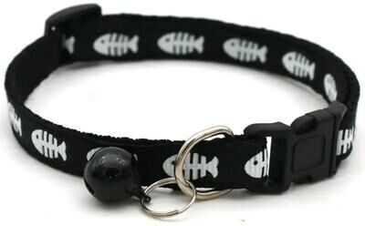 Uplift Essentials Adjustable Cartoon Fish Bone Cat Collar With Bell black