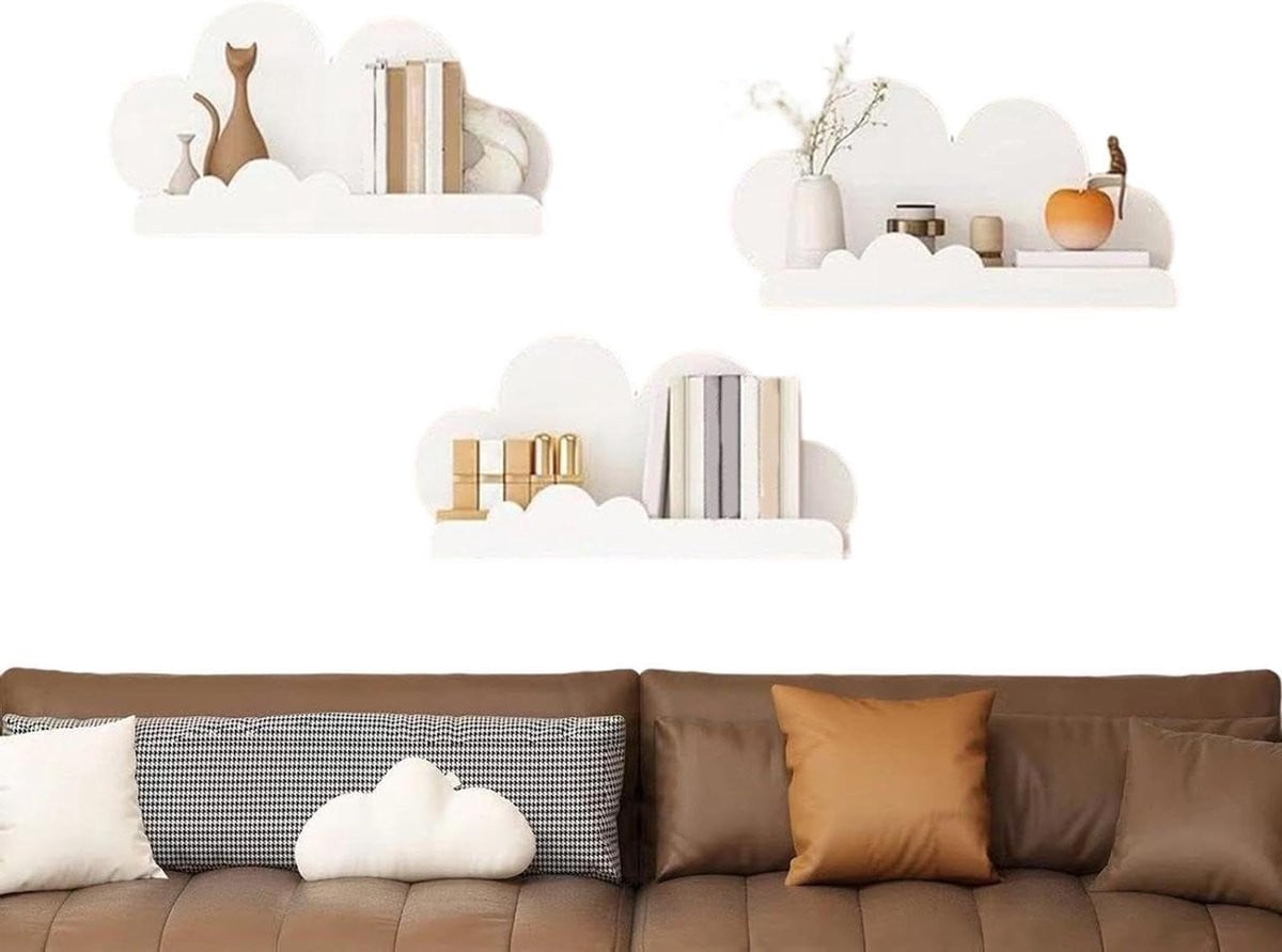 Set van 3 Zwevende Wolk Wandplanken - Wit - Decoratie voor Kinderkamer of Slaapkamer