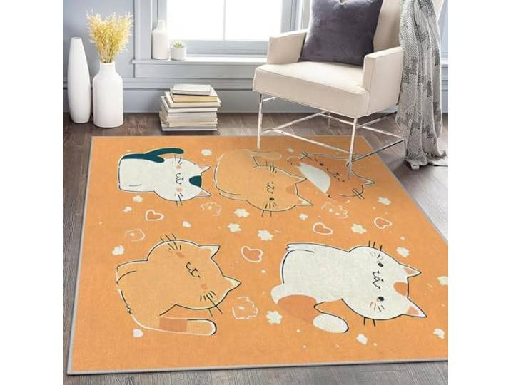 AUWUUA Cartoon-Niedlicher Katze Teppich Kinderzimmer 140x200cm Teppich Wohnzimmer, Gelb Teppiche Gegend Weich Kurzflor Waschbar rutschfest Mädchen Kinderteppiche, Bettvorleger, Fussmatte Innen