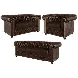 SITZGARNITUR 3+2+1 mit Schlaffunktion Chesterfield Morin Braun Vegan Leder