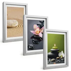BILDER SET 3er Set - 20x30 cm Silberner Rahmen - Entspannende Zen-Steinmotive