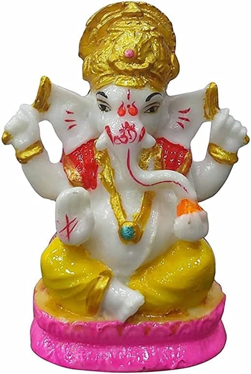 Ganeshji Zittend Beeldje - Ganesha Standbeeld met Marmeren Afwerking - Multicolour