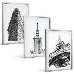 BILDER SET 3er Set - 40x60 cm Silberner Rahmen - Architektonische Schwarz-Weiß-Gebäude