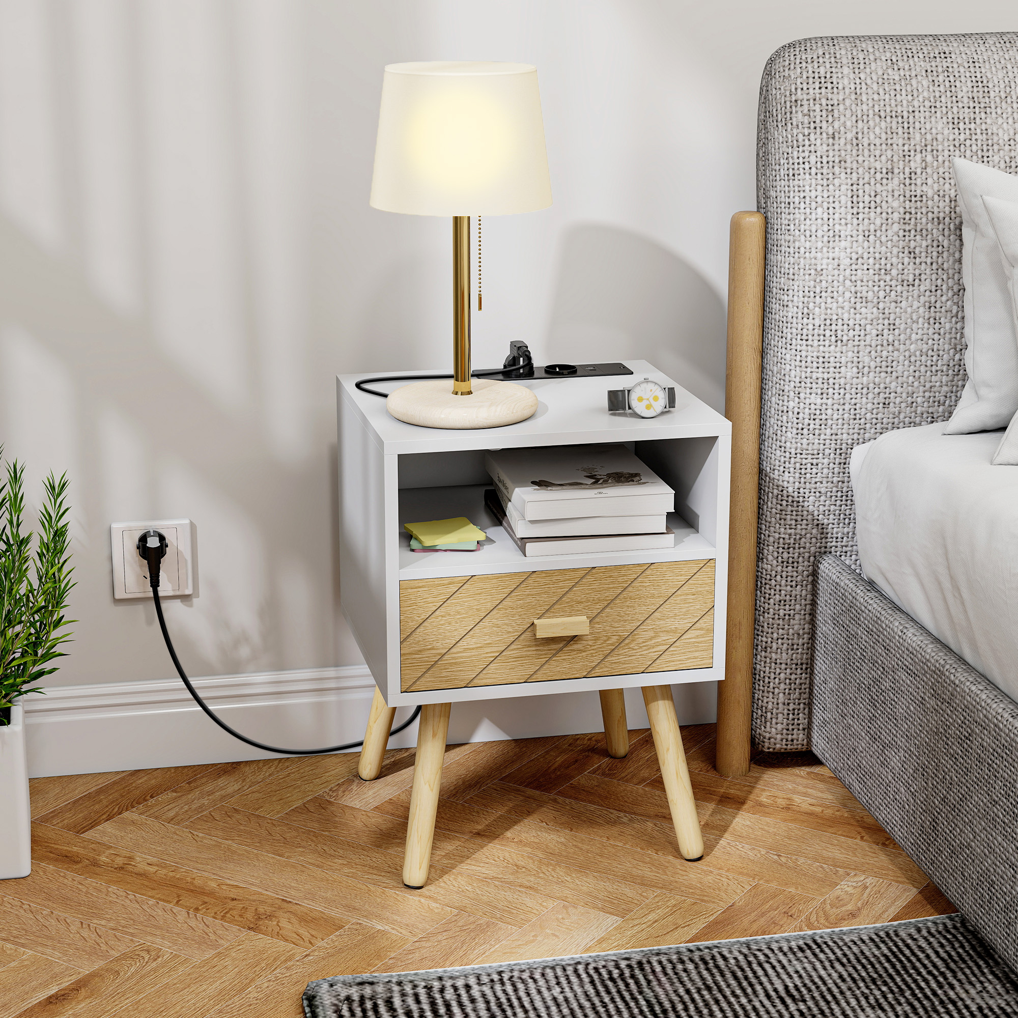 Homcom Comodino con Stazione di Ricarica Cassetto 2 Prese AC Porta USB USB-C Scomparto Aperto Gambe in Legno Bianco   Aosom Italy