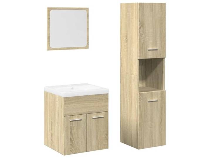 HGPOTUY 4-TLG. Badmöbel-Set Sonoma-Eiche Holzwerkstoff Mit Waschbecken Überlauf, Wandmontage Schrank Spiegel, Feuchtigkeitsbeständig, Pflegeleicht