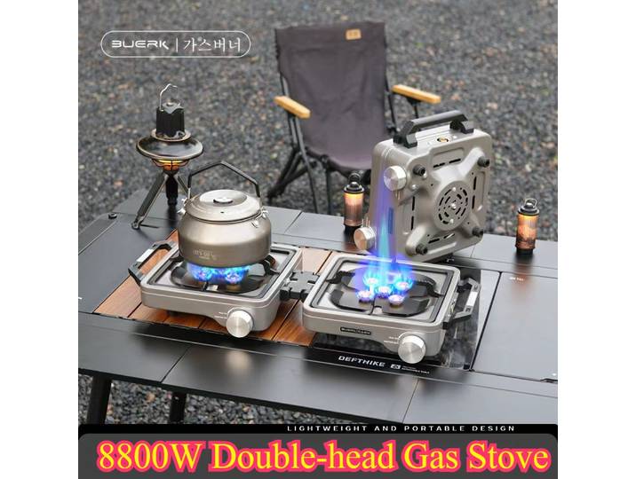 BUERK – poêle à gaz de Camping à Double brûleur haute puissance 8800W, barbecue d'extérieur pliable et Portable, brûleur au Propane Butane de Type fendu