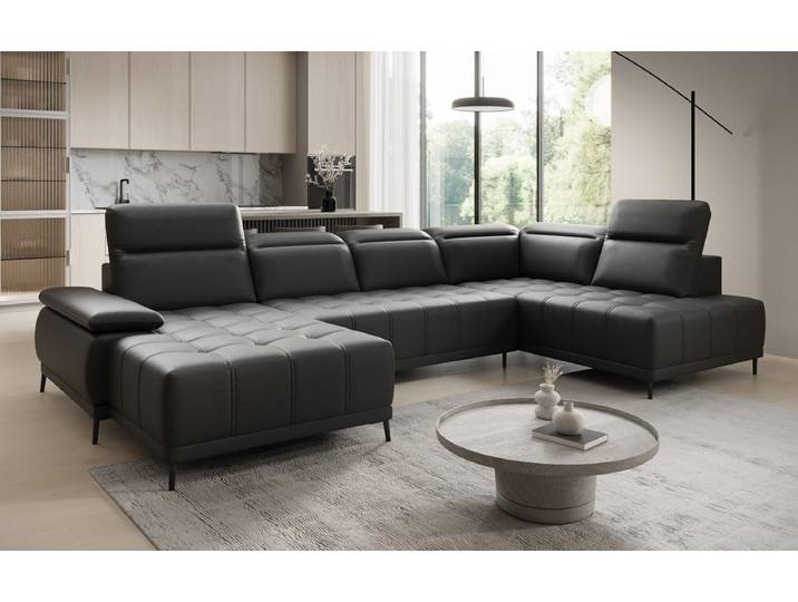Designer Sofa Lyra U mit elektrischer Schlaffunktion in Echtleder - Schwarz - Links - Luxusbetten24