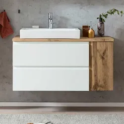 Waschbeckenschrank in Wildeichefarben und Weiß die Wandmontage