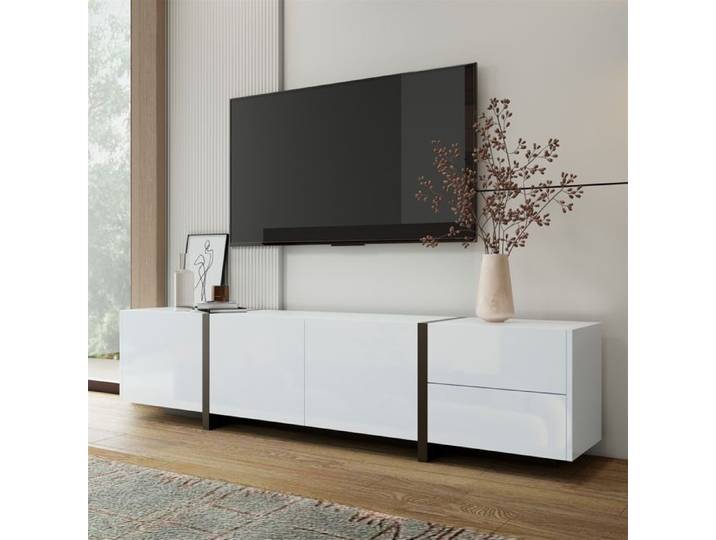 Meuble TV blanc laqué noir avec portes et tiroirs sobres