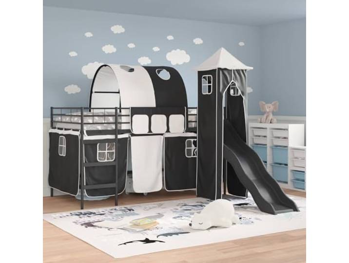 KTHLBRH Bett Loft Kinder schwarz 80 x 200 cm Metall Mit blauen oder schwarzen Vorhängen, atmungsaktiven Netzpaneelen, Spielraum unten, faltbar