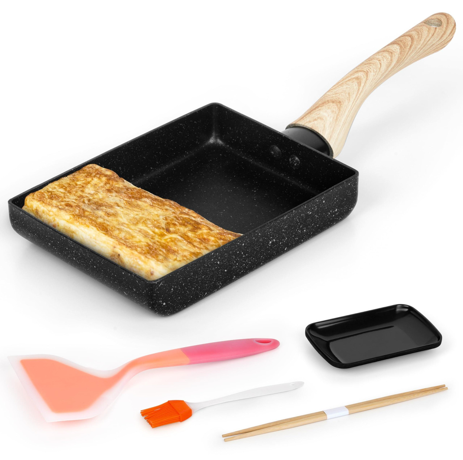 Omgoods Japanse Tamagoyaki Omeletpan met Siliconen Spatel en Houten Handvat