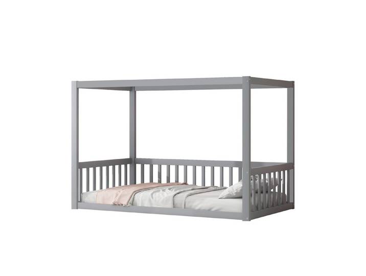 OKWISH Kinderbett Einzelbett Holzbett (Himmelbett Kinder 90x200 Massivholz, für Kleinkinder & Jugendliche, sicher & kreativ), mit Matratze