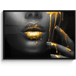 POSTER MIT RAHMEN Frau - Schwarz - Gold - Gesicht - Lippen 120x80 cm