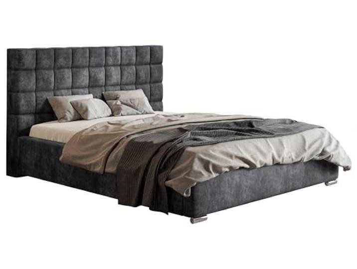 Emporius Polsterbett 180x200 Noris - Schlafzimmerbett, Doppelbett mit Bettkasten 180x200, Lattenrost, Samtstoff (Dunkelgrau- Goya 10)