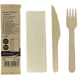 MONOUSO - Holzbesteck mit Wachsschicht Gabel, Messer und Serviette (250 Stück)