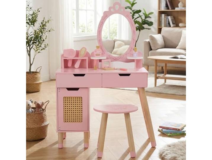 WOODENFUN rosa Retro Holz Schminktisch m. Hocker Make-up-Set für Mädchen ab 3J