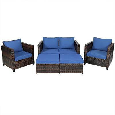Costway 5 Pieces Patio Cushioned Rattan Furniture Set-Navy