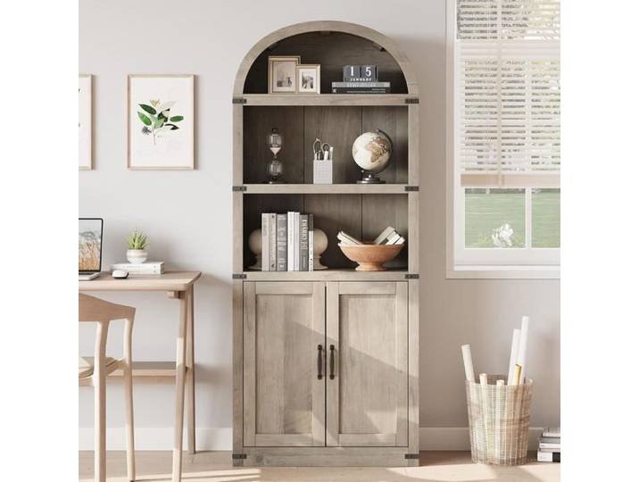 Bibliothèque arche 71 65po avec portes meuble ferme bois gris pour bureau salon