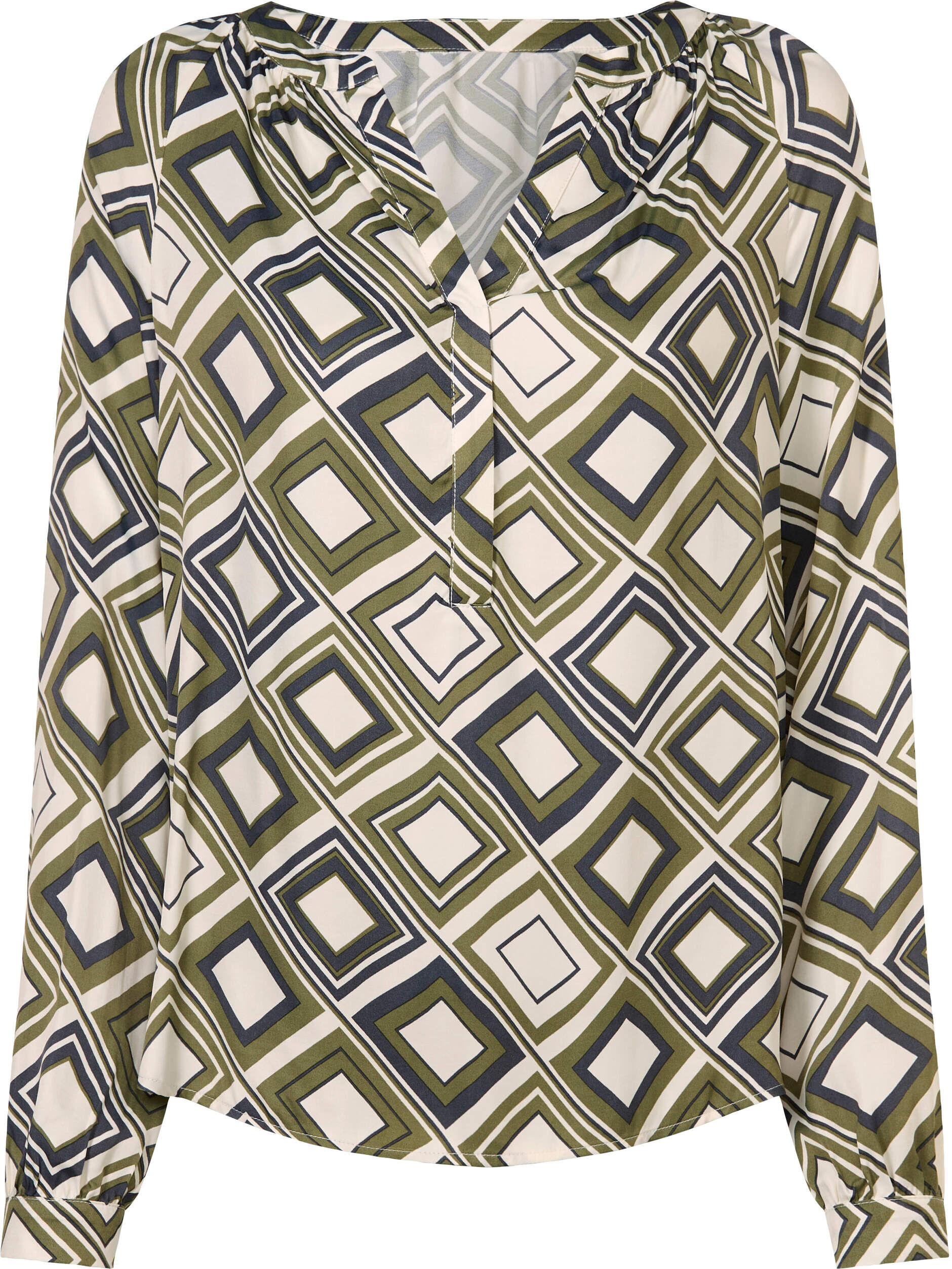 Schlupfbluse HEINE "Druck-Bluse Druckbluse zum Überziehen", Damen, Gr. 38, grün (khaki, champagner, bedruckt), Satin, , Modisch, Rundhals, Blusen Schlupfbluse