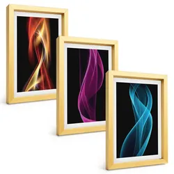 BILDER SET 3er Set - 20x30 cm Goldrahmen - Neonwellenlinien auf dunklem Hintergrund