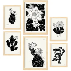 POSTER Set Mit 6 In Schwarzer Tinte Kaktus A3 & A4 Rahmen Aus Hellem Holz