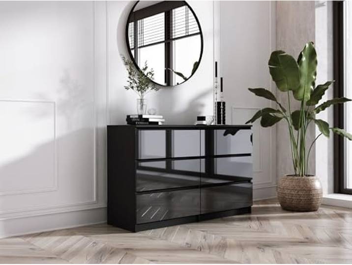 3xE Living Kommode 138 cm, 6 Schubladen, Schwarz Matt/Schwarz Glanz, 138 x 39 x 79 cm