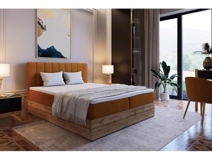 Marlux-Meble Boxspringbett mit Matratze 160x200 cm und Stauraum Steppung Doppelbett mit Matratzen Topper und Bettgestell 160x200 Riko II, Honigfarbe