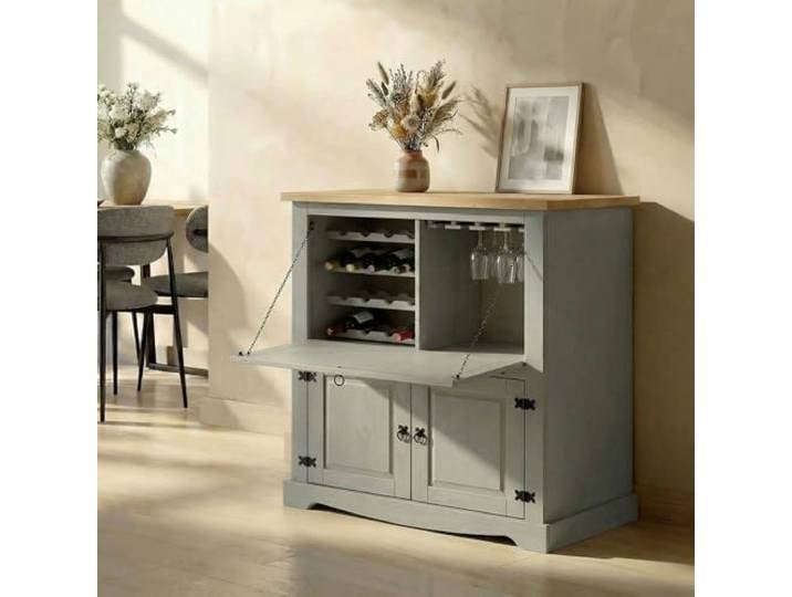 IDIMEX Weinschrank Tequila im Mexiko Stil, schöner Barschrank mit Klappfach und 2 Türen, praktische Hausbar aus Kiefer massiv in grau/braun