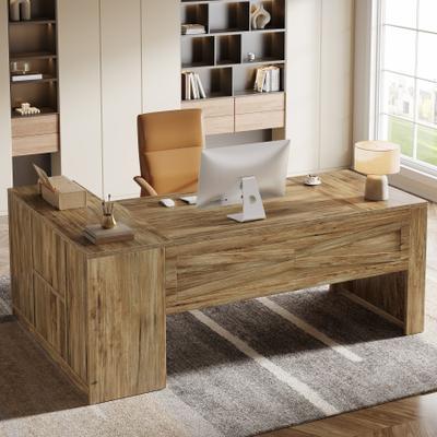 YUZHOU 71-Inch L-Shaped Executive Desk with Storage Cabinet and Open Shelves for Home Office