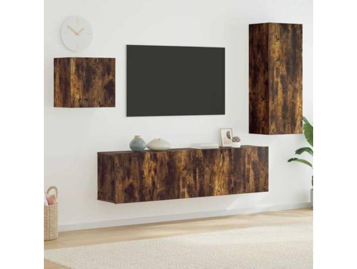 HEFZGDB 4-TLG. Wohnwand Räuchereiche Holzwerkstoff TV Wandschrank Set mit Montagemöglichkeit und vielseitigem Design für zusätzlichen Stauraum