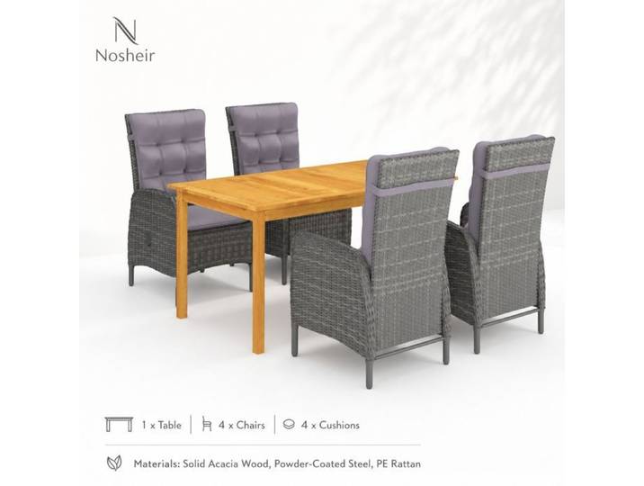 Ensemble salle à manger – Nosheir – Table acacia & chaises rotin gris – Coussins inclus – Pour jardin terrasse – 150x90 cm