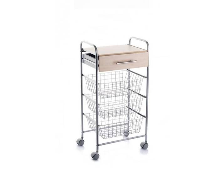 Desserte de cuisine ALESIA 3 paniers tiroir et plateau hêtre Gris aluminium DON HIERRO.