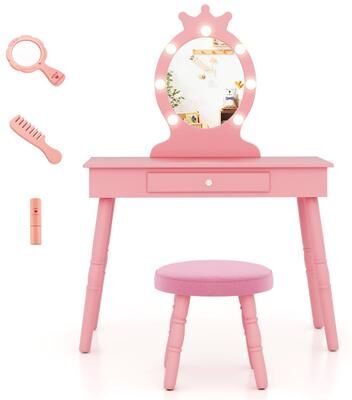 Costway Kids Vanity Set with Lighted Mirror with Adjustable Brightness and Large Drawer-Pink