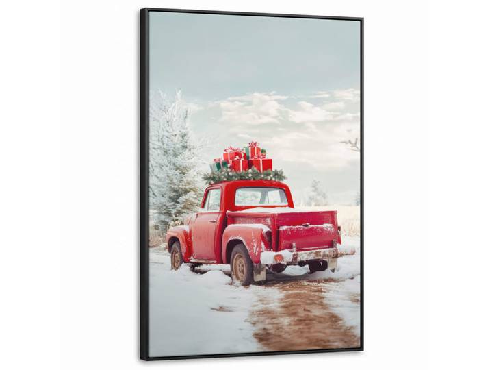 MuchoWow Leinwand Bilder mit Rahmen - Auto - Rot - Geschenke - Winter - Schnee - Weihnachten - 100x150, Rechteckig, 100x150 cm, gerahmt, Bilder & Rahmen, Bilder, Leinwandbilder