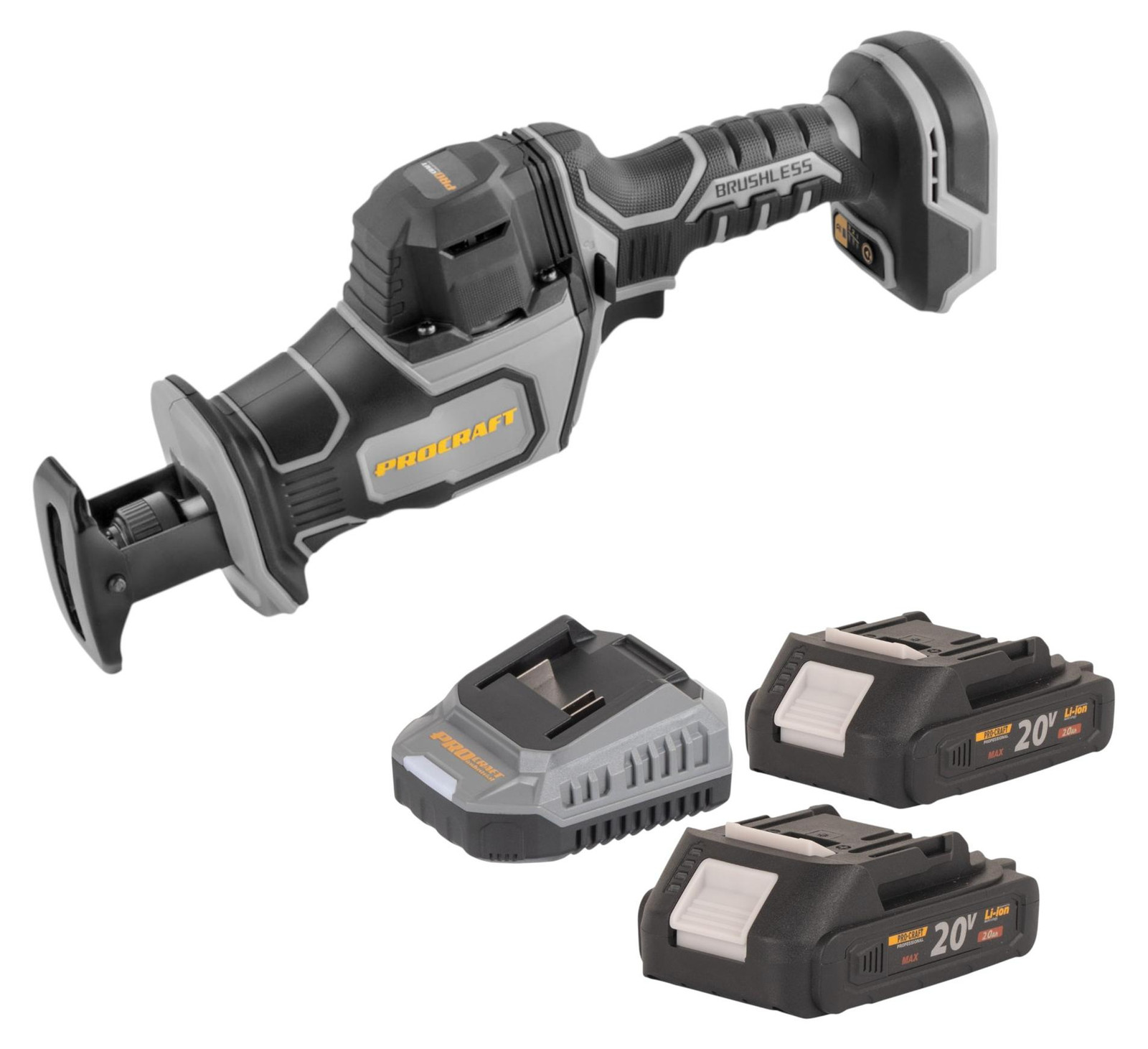 Procraft Industrial RS20Abb Brushless Reciprozaag 20V met 2x 2,0 Ah accu en oplader