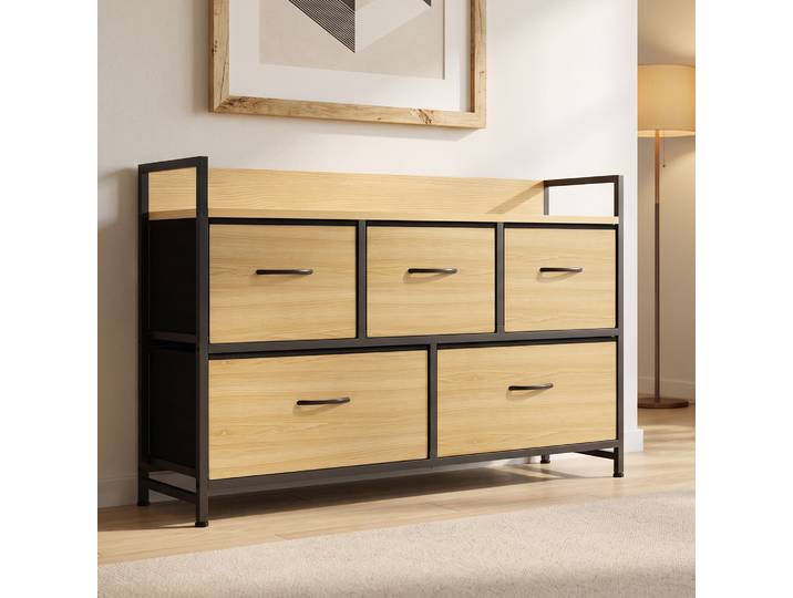 HOMCOM Commode 5 Tiroirs Tissu Chêne Cadre Acier 98x29x63cm