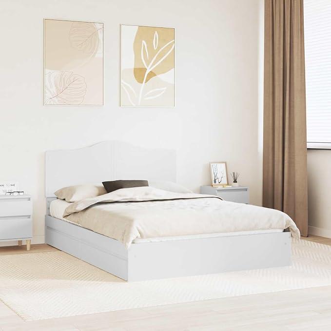 White Wood Storage Bed 140x200cm with Headboard and Slats | Constructed from engineered wood, this double bedframe is suitable for bedrooms and youth rooms.