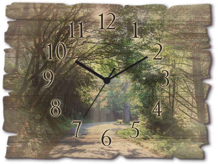 Wanduhr ARTLAND Holzuhr Sonniger Wald , grün, B:40cm H:30cm T:0,6cm, Wanduhren, Wanduhr, wahlweise mit Quarz- oder Funkuhrwerk, lautlos ohne Tickgeräusche