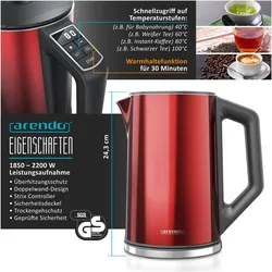 Arendo Frühstücks Set, Wasserkocher 1,5l Temperaturwahl, 4-Scheiben Toaster & Eierkocher für 7 Eier, Rot, Wasserkocher, Rot