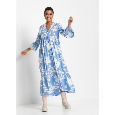 Maxikleid BONPRIX "Maxikleid aus fließender Viskose", Damen, Gr. 36, N-Gr, 3/4 Arm, blau (mittelblau, weiß geblümt), Obermaterial: 100% Viskose, regular fit, Kleider Maxikleid, für modischen Auftritt, aus Viskose, A-Linie, 3/4-Ärmel