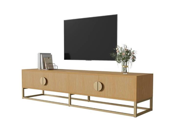 Meuble TV bas 180 cm grain de bois avec 4 portes élégant meuble TV avec espace de rangement généreux 180x40x40cm
