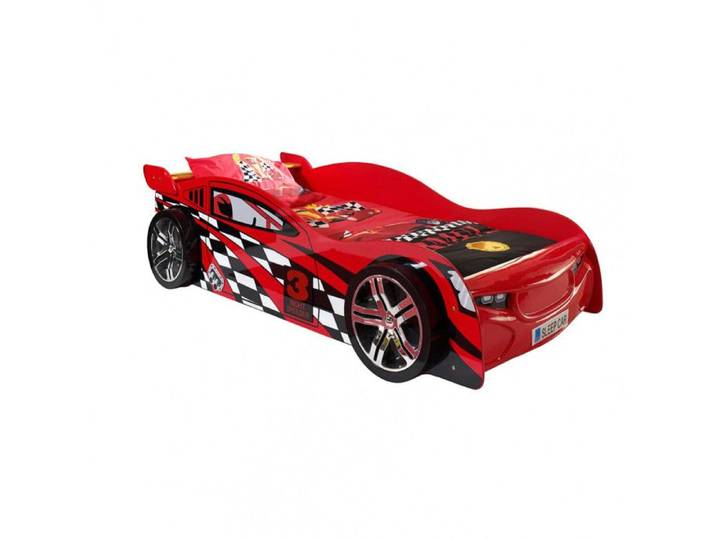 TURBO - Lit Voiture de Course 90x200cm Rouge et Damier