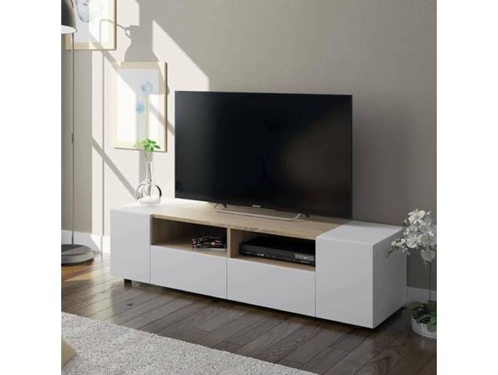 Dmora - Topeka TV-Ständer, Fernseh-Sideboard für das Wohnzimmer, moderner TV-Ständer, niedriges Mehrzweck-Sideboard, 138 x 42 x 36 cm, Weiß und Eiche