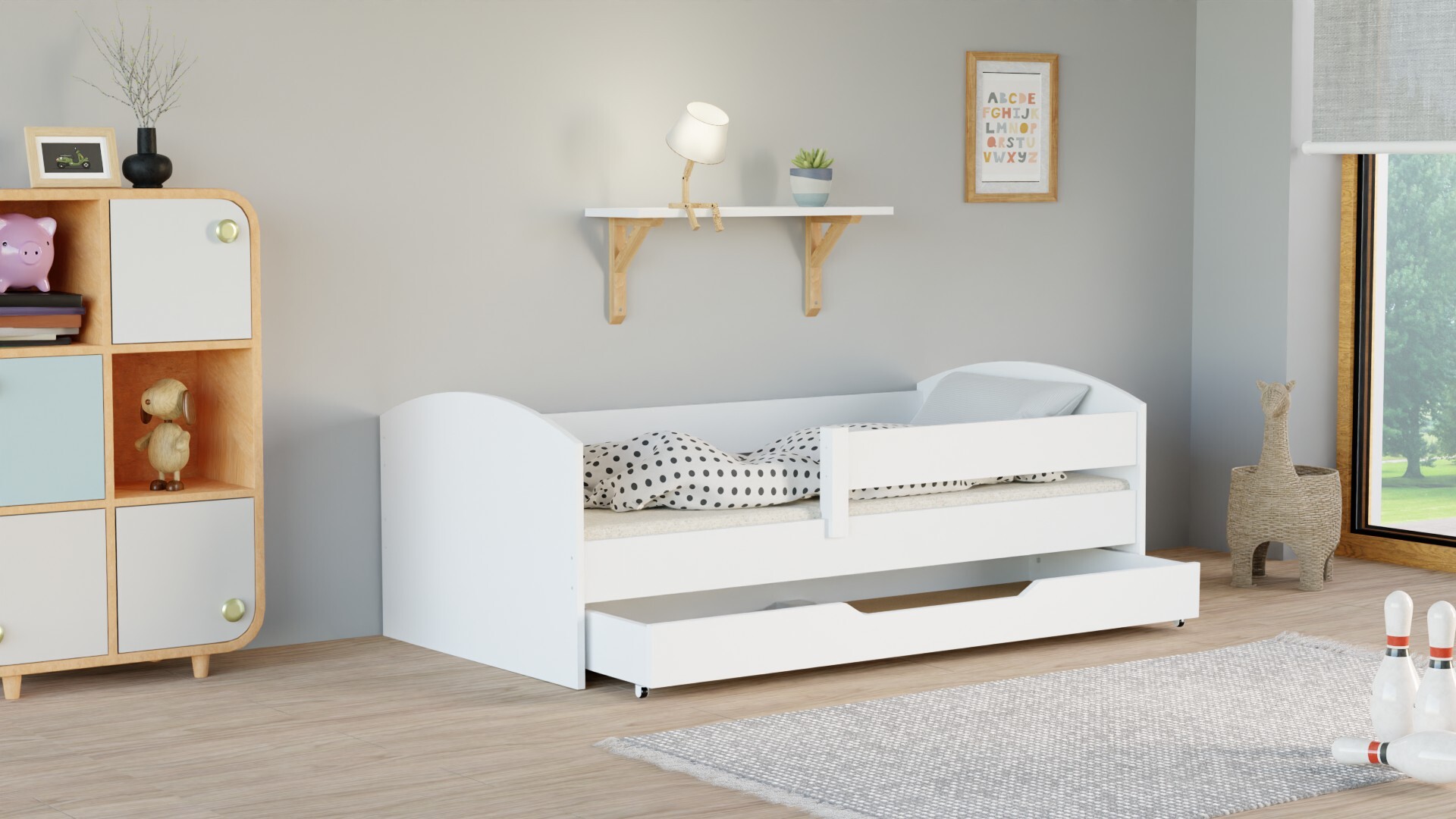 Kinderbett Classic 190x90 Kinderbett mit Rausfallschutz & Lattenrost weiß 90 x 190 für Mädchen und Jungen MDF Möbelplatte, mit Matratze und Schubladen