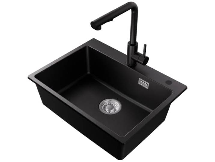 Küchenspüle 60×45 cm Schwarz Granit mit ausziehbarer Küchenarmatur, Spülbecken Küche 1 Becken Einbauspüle mit Wasserhahn Set